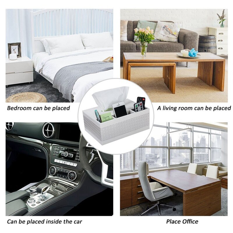 Multifunction PU Leather Pen Pencil Remote Control Tissue Box Cover Holder Desk Storage Box Container for Home and Office Use (W