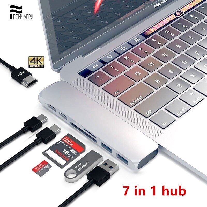 7in1 USB Type C Hub Adapter Dual USB Type C Dock for MacBook Pro with 4K HDMI USB C USB 3.0 SD/MicroSD Card Reader