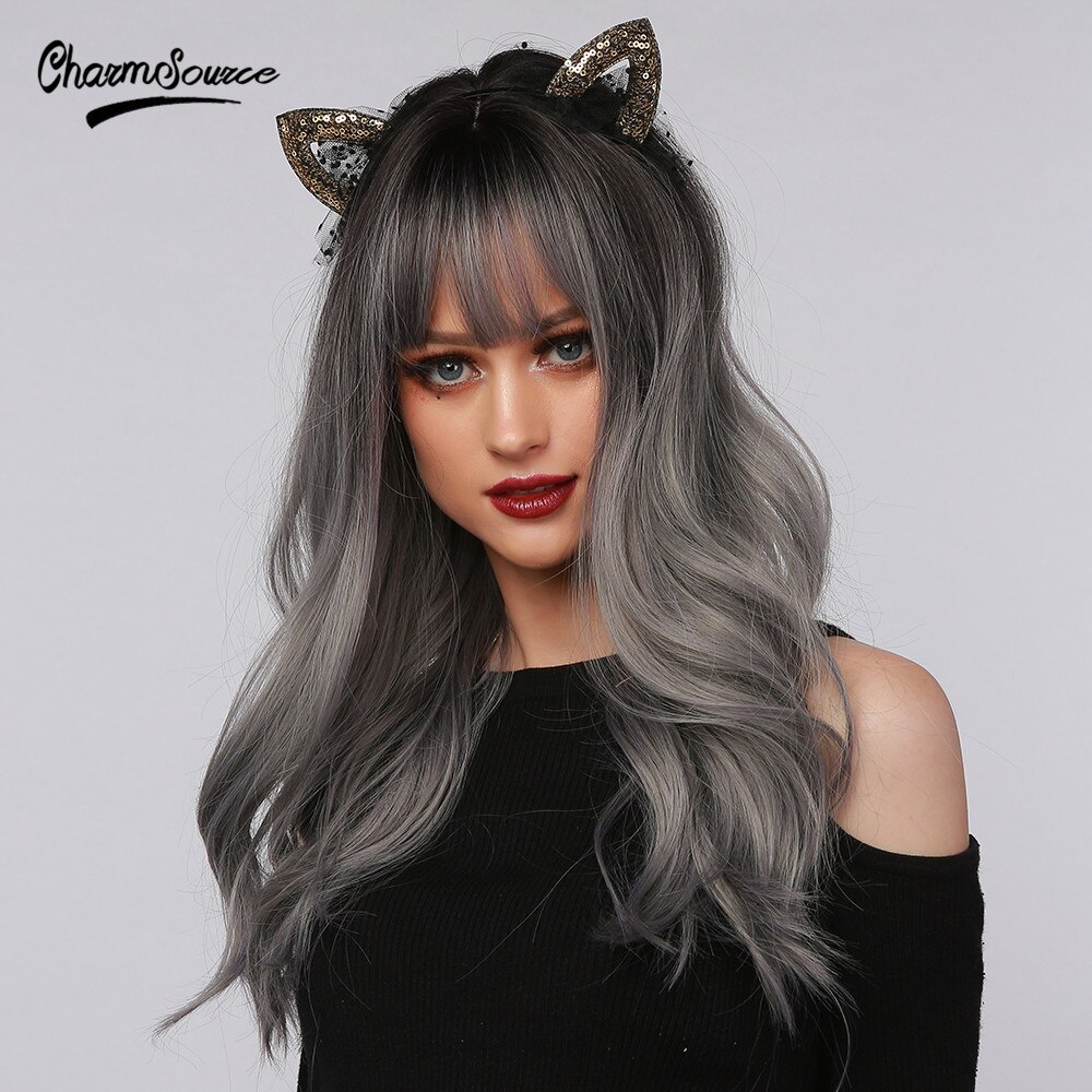 CharmSource-pelucas postizas onduladas con flequillo sintéticas para mujer, color gris, Plata largos, pelo Natural, resistente al calor