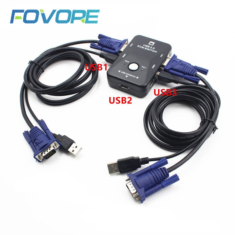 USB 2.0 KVM Switch Switcher 1920*1440 VGA SVGA Switch Splitter Box 2 Port with Two Cables for Keyboard Mouse Monitor Computer