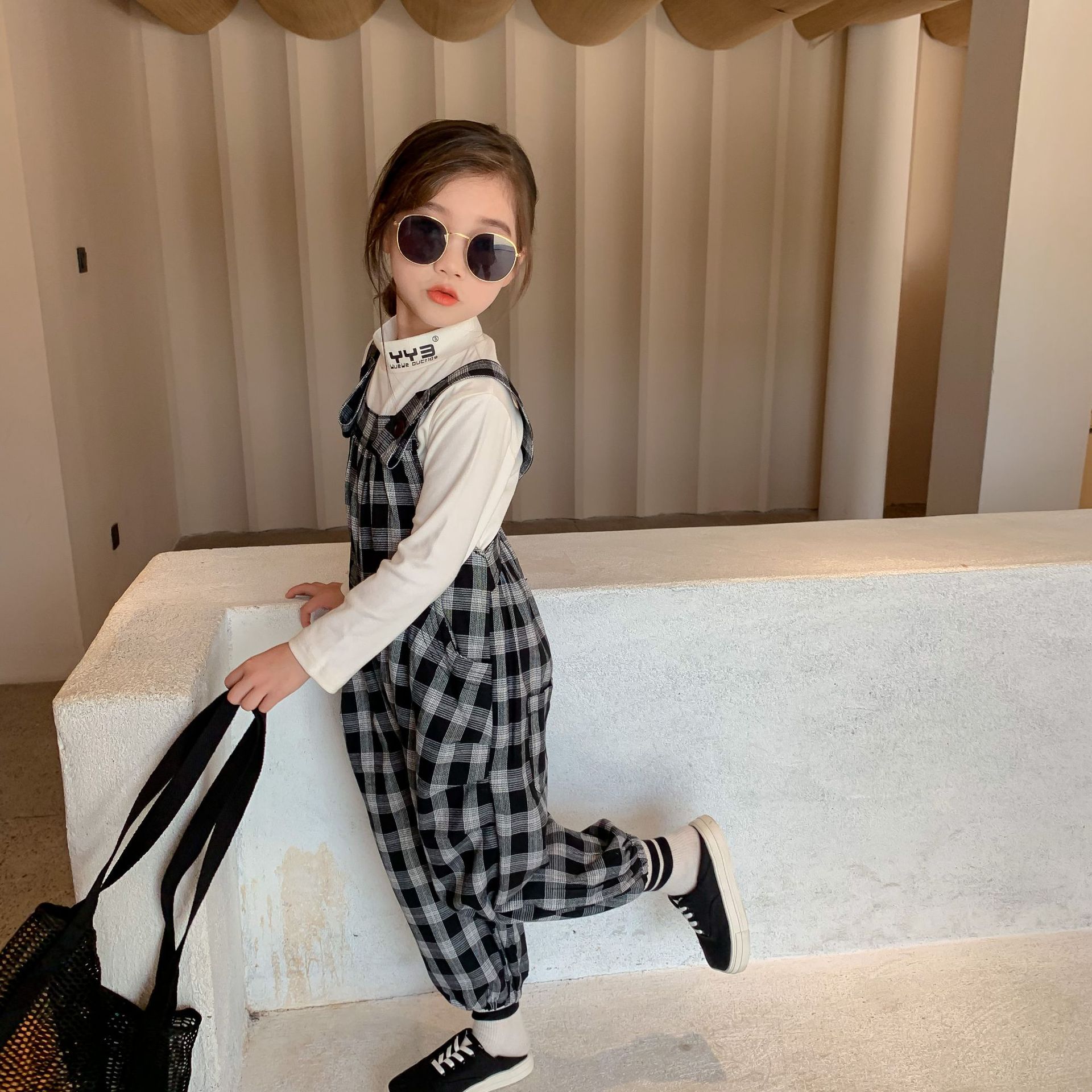 Kids Overall Solid T Shirts Autumn Plaid Trousers Girls Cardigan Undershit Top Korean Baby Clothes Toddler Overalls