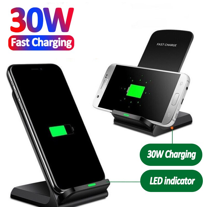 30W Dual Coil Wireless Charger Stand For iPhone 13 12 11 X Pro Max 8 Qi Fast Charger Pad Dock Station For Xiaomi Samsung S21 S20