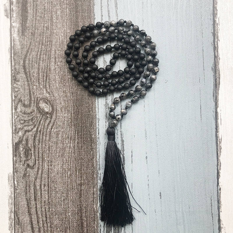 6mm Gebetskette Mala Quaste Schmuck Schwarz Onyx Und Labradorit Perlen Buddhistischen Halskette 108 Perlen Geknotet Boho Halskette Für männer: Default Title