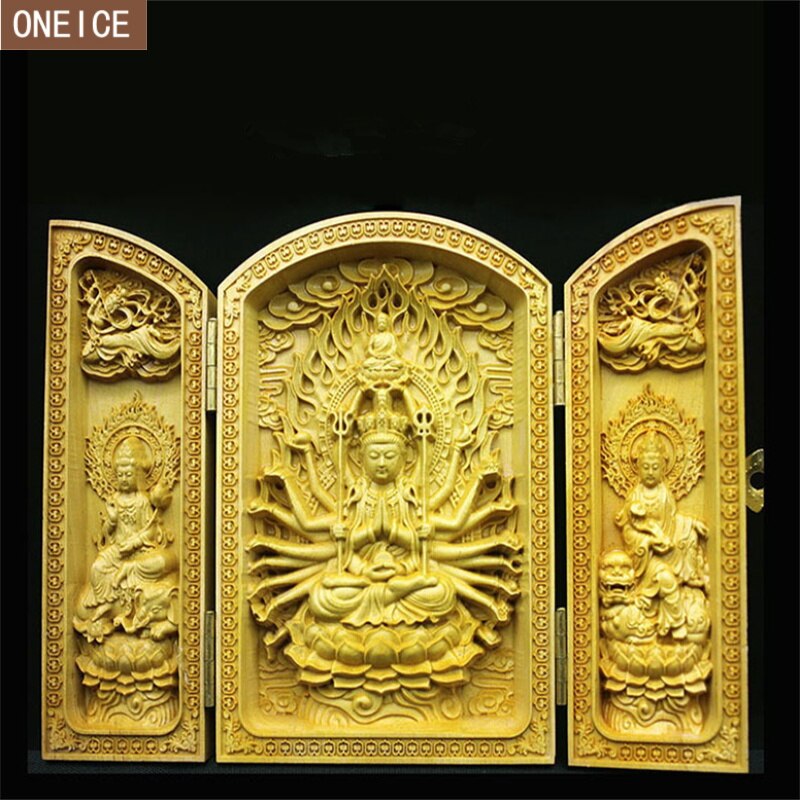 Kinesisk buddha statue skulptur rent træskærerarbejde 3 åbne folde buddha statue boligindretning tilbehør træ buddha håndværk