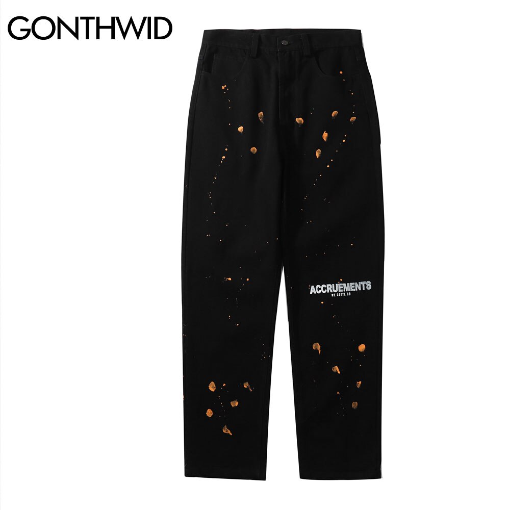 GONTHWID Jeans Men Hip Hop Streetwear Casual Graffiti Print Baggy Denim Pants Harajuku Loose Zipper Button Trousers Male