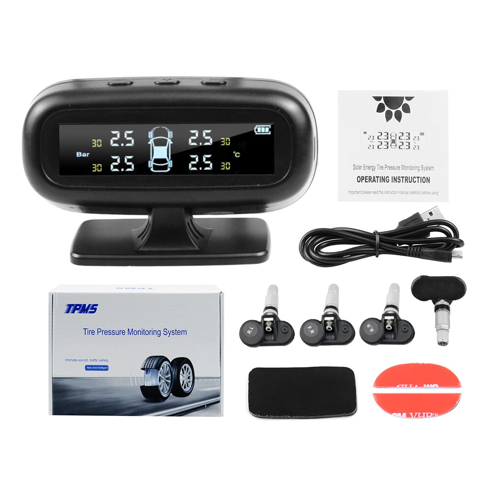 Solar TPMS Tire Pressure Monitor System Alarm 4 Temperature Gauge Meter Car Solar Power TPMS Visture With 4 Sensors: B type internal