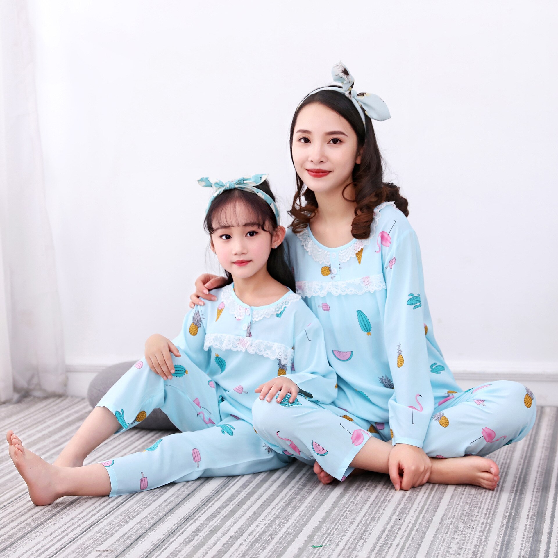 Spring and Summer Family Matching Pajamas Mom Daughter Outfits Sleepwear Long Sleevs Shirts+pants 2pcs/set Twins Baby Clothing: 1 / kid height 95-100cm