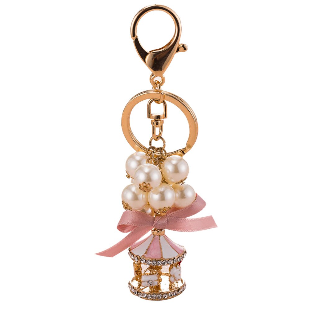 Carousel Keychain Women Pendant For Handbag Bag Exquisite Pearl String Carousel Car Key Chain Girls Bag Car Strap Pendant: Pink 