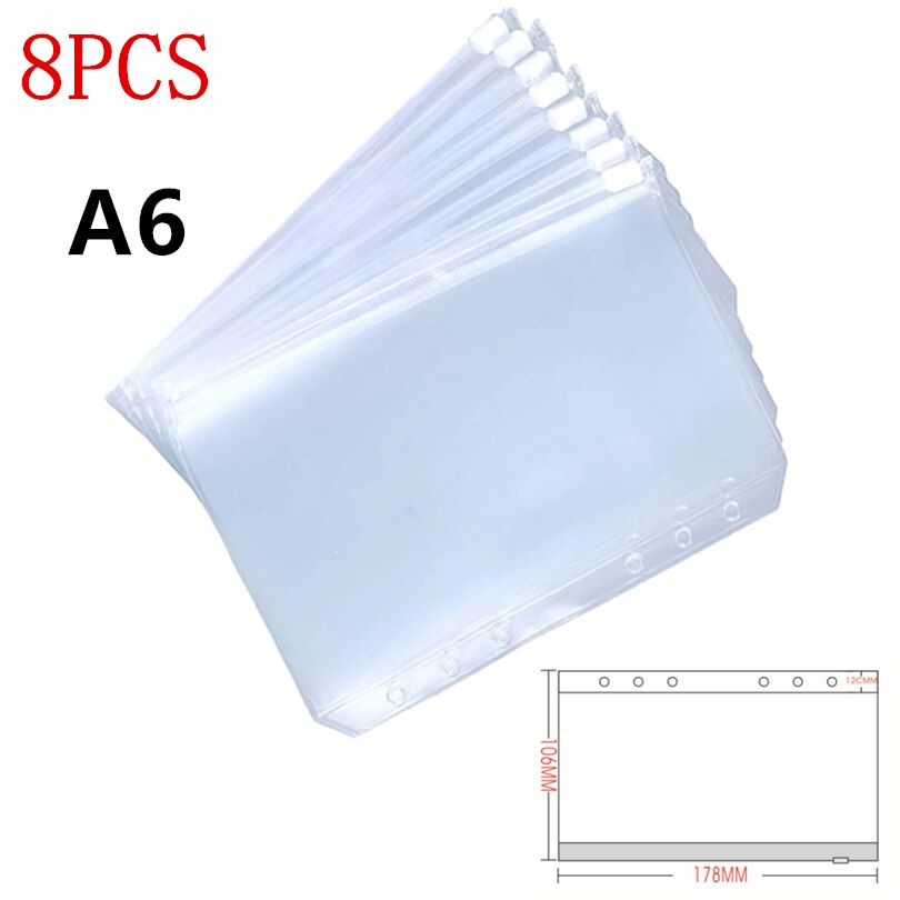 KDD Binder Pockets A5/A6/A7 Binder Loose Leaf Bag Clear Zipper Folders For 6-Ring Notebook Binder Pouch Document Filing Bags: A6 8PCS