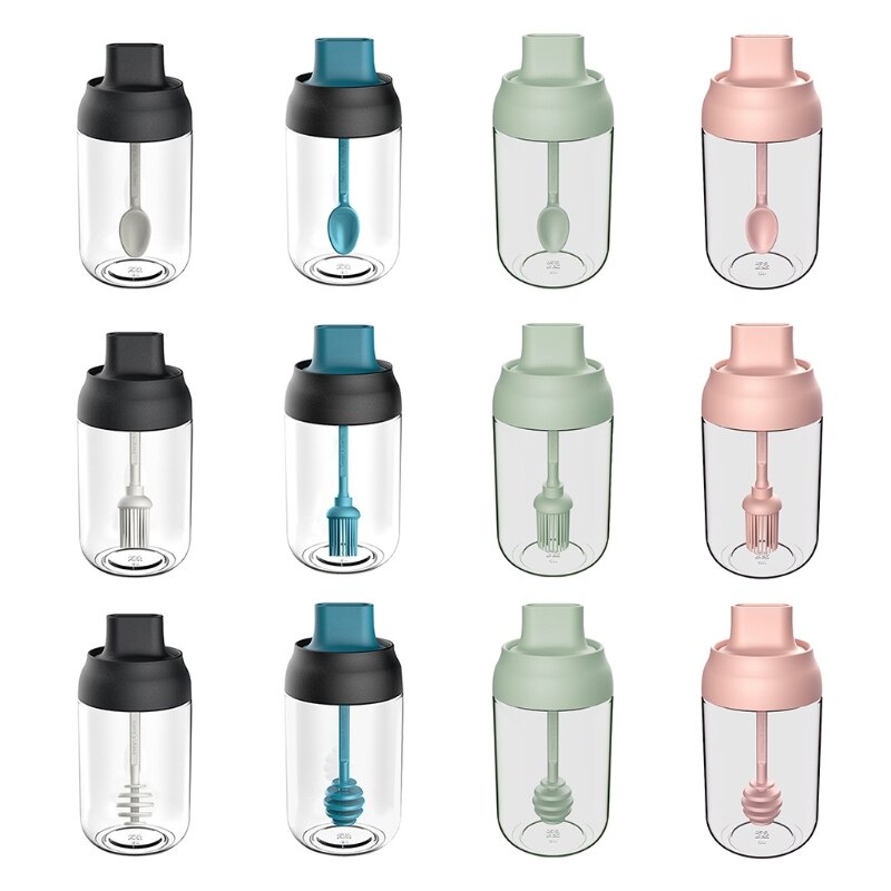 250ml High Borosilicate Glass Spice Jar Seasoning Condiment Salt Pepper Storage with Spoon Honey Stick Brush Lid Kitchen Supply