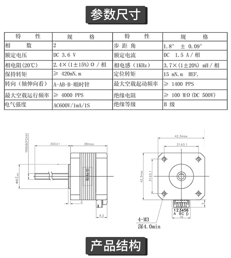 1pcs 17HS4401 Stappenmotor 42 motor 17 motor 42BYGH 1.5A 38mm motor 4-lead voor 3D printer CNC graveermachine