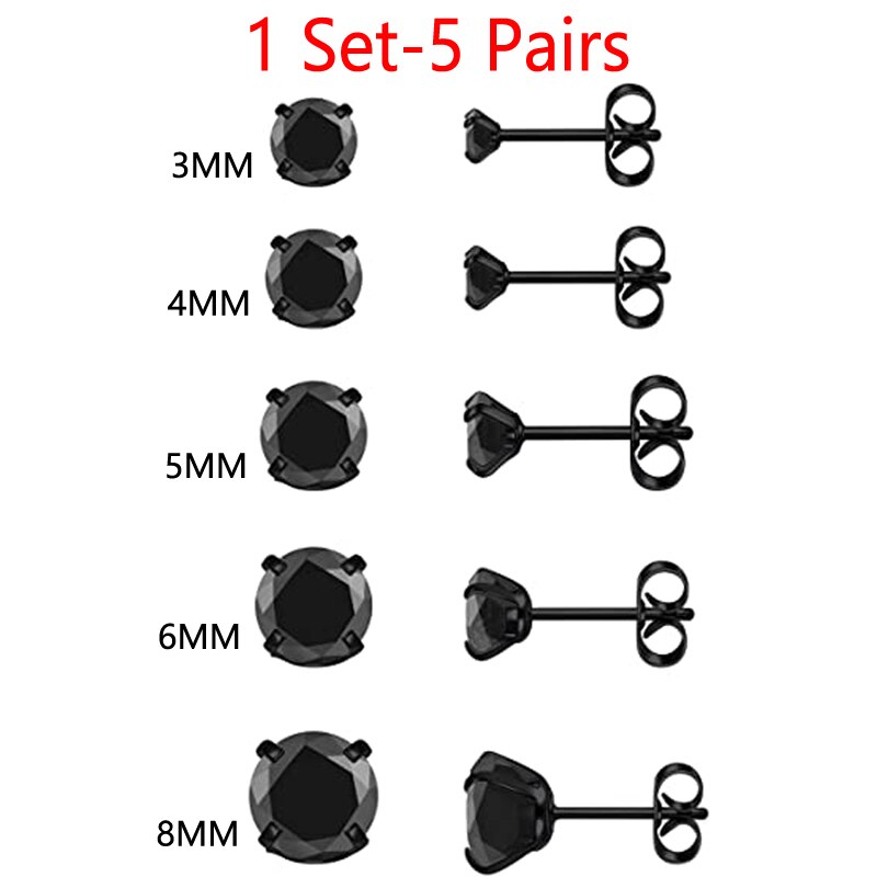 5 Paris Hypoallergeen Roestvrij Staal Stud Oorbellen Zirconia Cz Oorbellen Studs Set Voor Mannen Vrouwen 3Mm-8mm: 3-8MM Set 5pairs