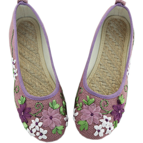 National Hemp Linen Women Flats Casual Shoes Ladies Flower Embroidered Shoes Mother Flat Shoes Female SNE-670: Purple / 7