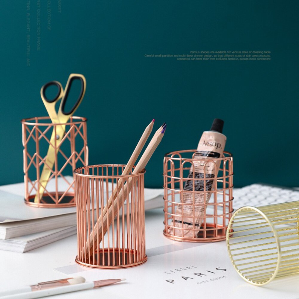 Nordisk hul metal rosa guld makeup børste opbevaring spand ins skønhedsværktøj børste opbevaring tube desktop penholder iron art cvs