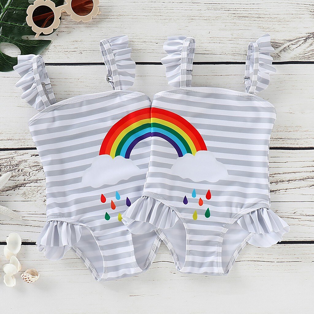Baby Swimwear Child Kids Cute Ruffle Striped Rainbow Print One Piece Swimsuit swimwear купальник для девочки#GH