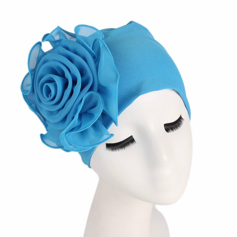 Vrouw Mooie Bloem Tulband Elastische Doek Hoofd Cap Hoed Moslim Vrouwen Hijaabs Dames Haar Accessoires Sjaal Cap: Sky Blue