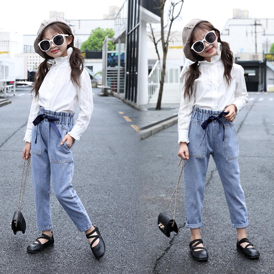 jeans jente høy vente jeans til jenter stor Bue jeans til låve solide klær til jenter 6 8 10 12 14