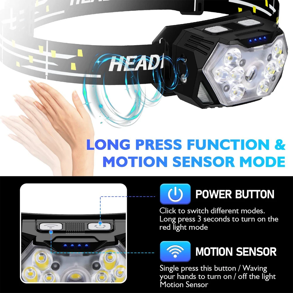 Linterna frontal de 9 luces Led potente, recargable por USB, con Sensor de movimiento, portátil, para pesca, Camping, exterior, linterna de trabajo