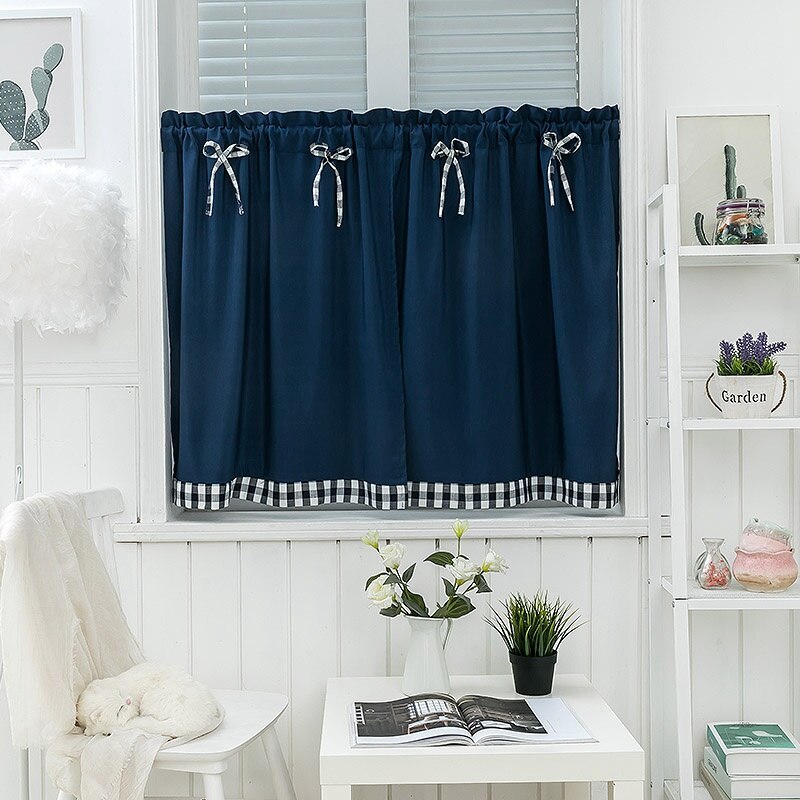 Bay Window Curtains Grid Short Curtain for Kitchen Cabinet Door Separate Panel Bow-knot Decor Drapes Cozy Cafe Bar Half-Curtain: Navy Curtain / 137x61cm