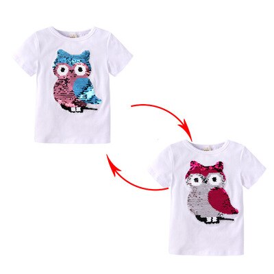 Elvesnest ugle grafisk t-shirts nyhed pailletter børn piger t-shirt bomuld korte ærmer børn pige toppe tegneserie børnetøj: Hvid / 6