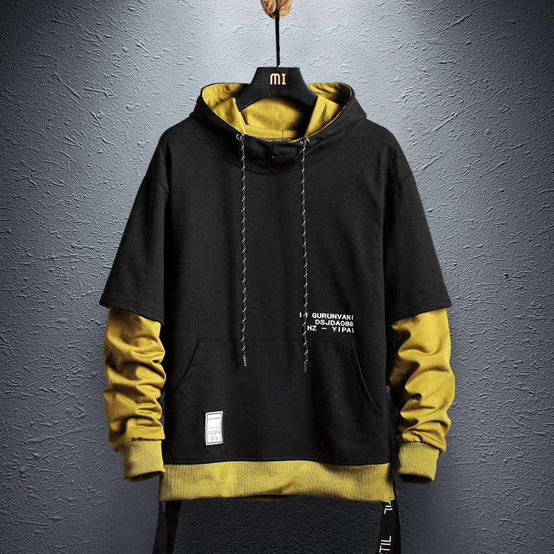Patchwork hoodie sweatshirt heren herfst hiphop katoenen pullover hoodies streetwear japanse stijl kleding colorblock hoodie: W19107 zwarte / S