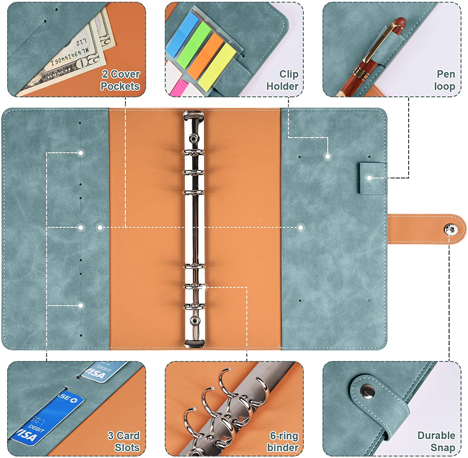 A6 Lederen Bindmiddel Cover Met Plastic Zakken 6 Ring Soft Navulbare Notebook Bindmiddel 12 Gekleurde Clear Rits Envelop Voor Budget