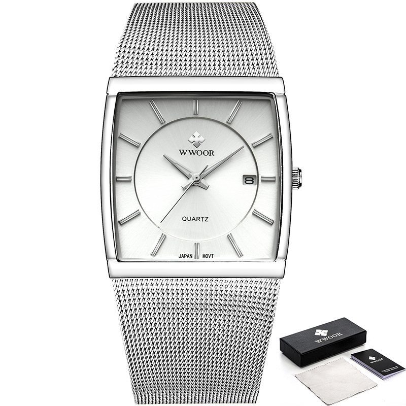 Wwoor top mærke luksus sorte firkantede ure til mænd vandtæt slank dato armbåndsur mandlig stål mesh bælte kvarts analog ur mænd: 31- hvide