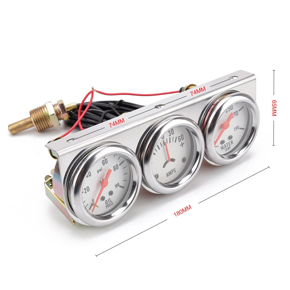 Kit Triple Pressure gauge kit Water Pressure Set Universal Z-1/2" 8-16V 52mm Chrome Volt