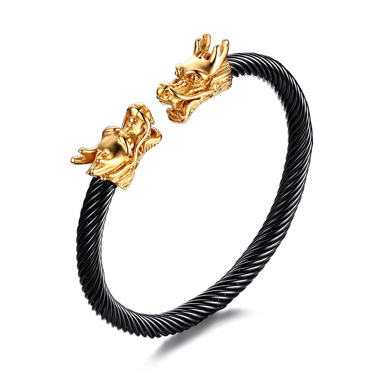 Einzigartige Elastische Einstellbare Gold-Tonne Drachen Kopf Manschette Armreif in Schwarz Edelstahl verdrehte Kabel Armbinde für Männer Schmuck