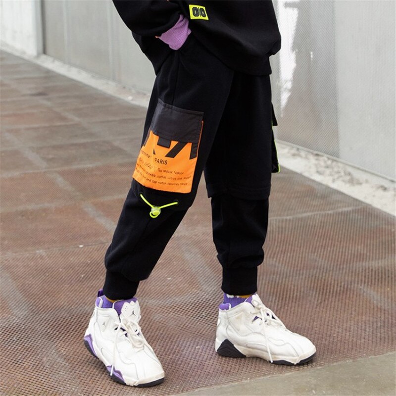 Calça cargo de algodão para bebês, roupas casuais para garotos hip-hop de recém-nascidos com bolsos coloridos, cintura elástica, primavera/outono 3 a 12 crianças