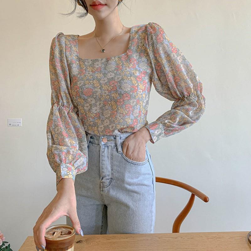 Bluzki damskie kwadratowy kołnierzyk elegancka, długa rękaw szyfonowa przetargu kwiatowy stylowy koreański styl Feminino koszule modne popularne: pink / L