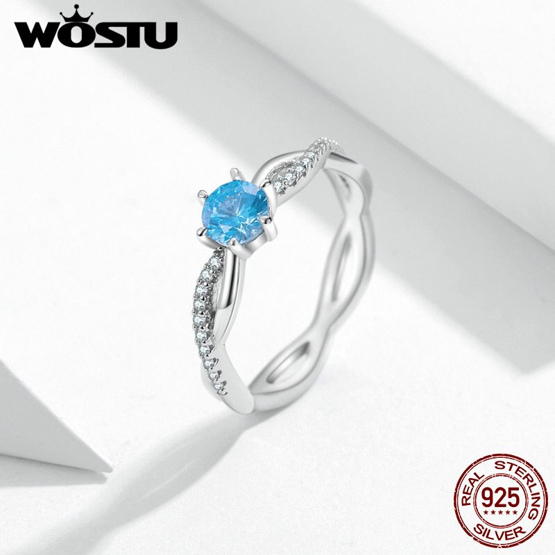 WOSTU 925 Sterling Silber Verflochten Liebe Hochzeit Ring Blau Zirkon Kristall Stapelbar Finger Für Frauen Schmuck CQR547