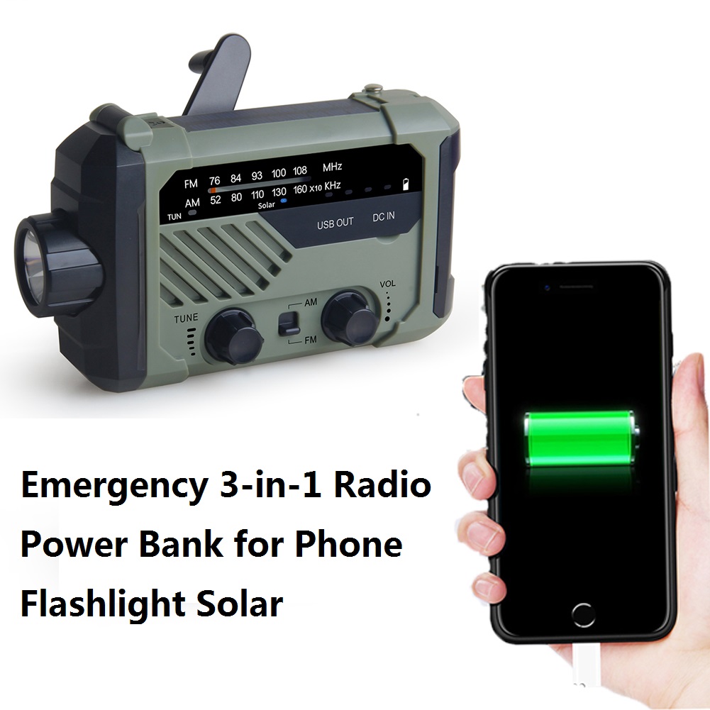 Hand-Cranked Power Generation Emergency Disaster Prevention Multi-Function Flashlight Radio Solar 2000mAh Power Bank for Outdoor