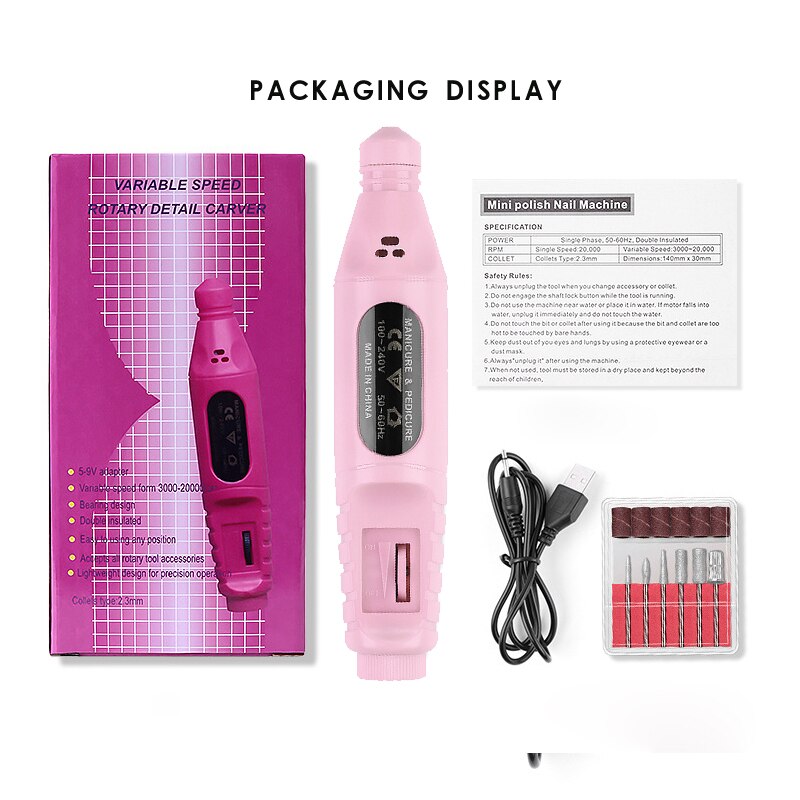 Kit de máquina pulidora eléctrica para uñas, herramientas de manicura para retirar esmalte de Gel, lima de uñas, 20000RPM, con brocas: PINK