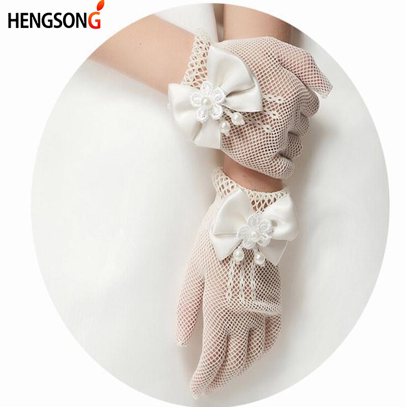 Guantes de vestido con lazo para niñas, guantes blancos de malla de perla para boda, niñas y flores, accesorios para