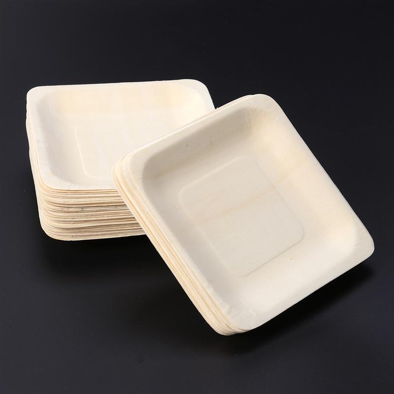 Platos cuadrados de madera desechables 100 Uds., vajilla de para boda, restaurante, Picnic, cumpleaños 140x140mm
