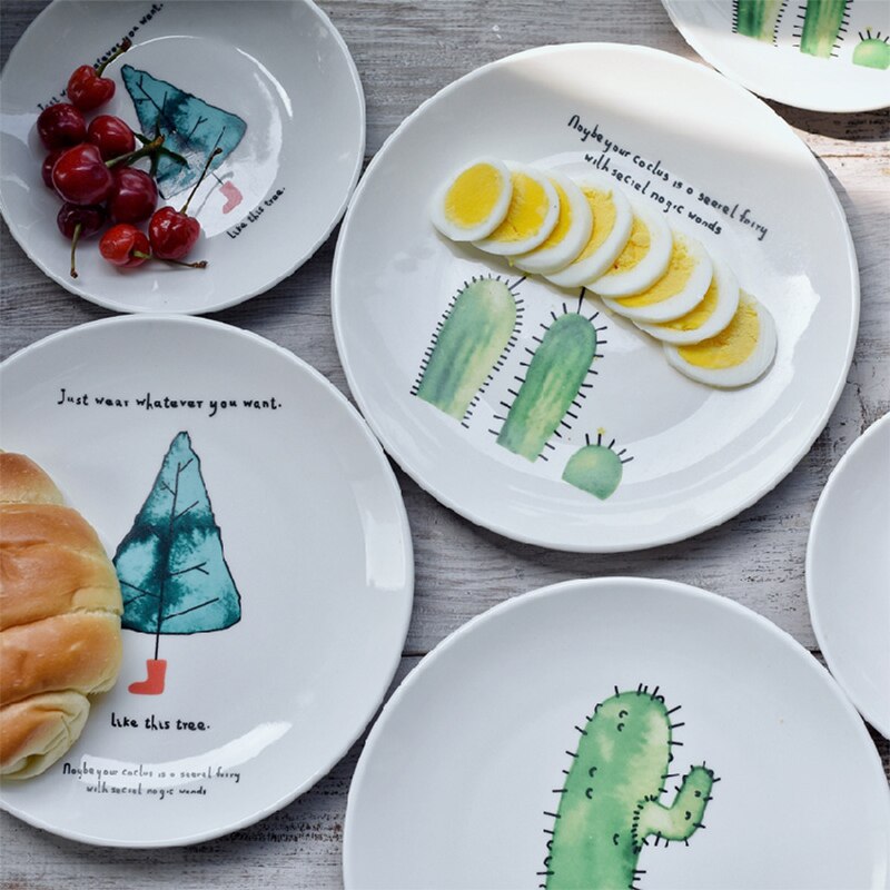 Cactus Styles 8 inch Ceramic Domestic Plate Kitchen Tableware Cake Dessert Fruit Snack Breakfast Steak Dinner Dish Dishes