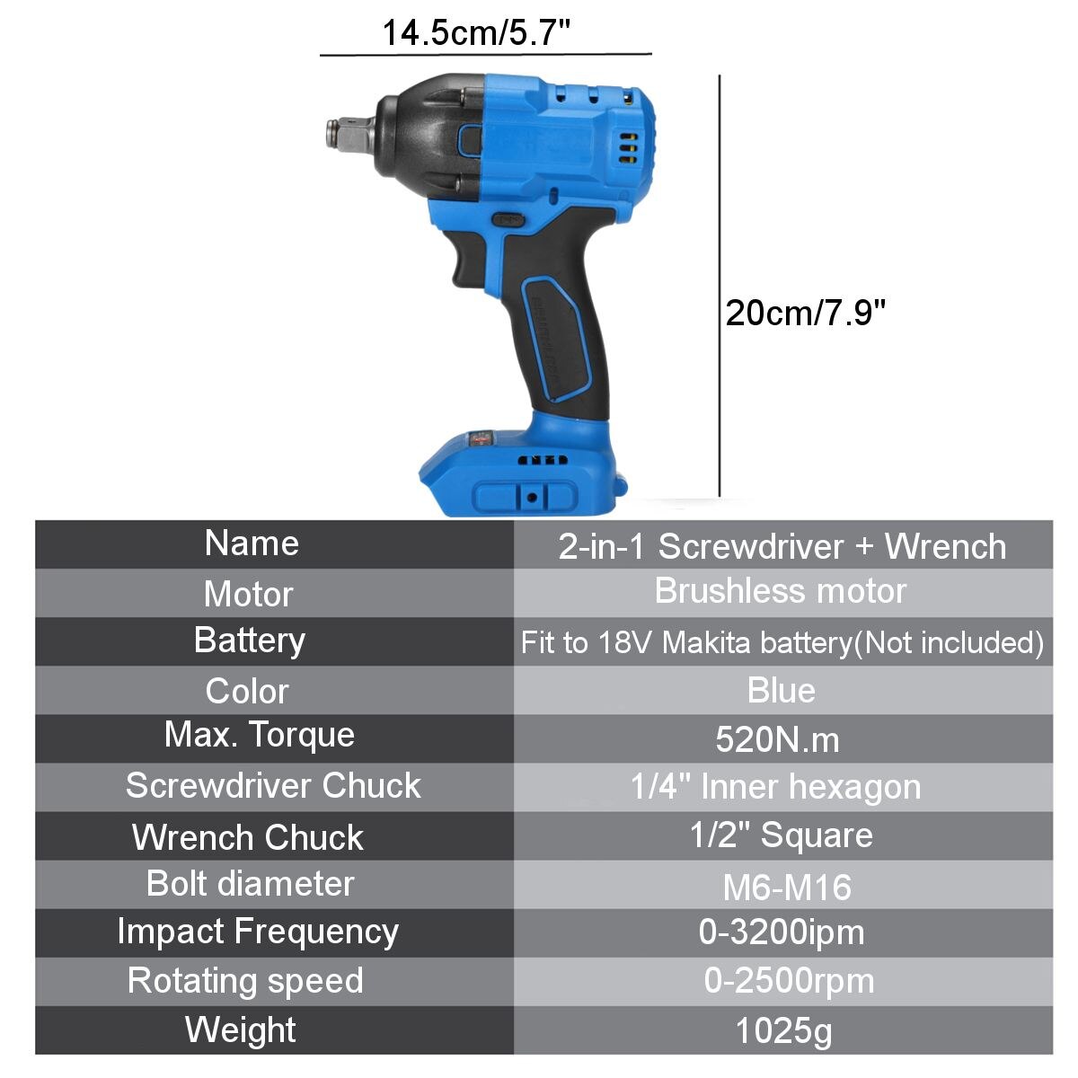 18V 520N.m Cordless Electric Impact Wrench Brushless Electric Wrench Power Tool Rechargeable Wrench For Makita Battery