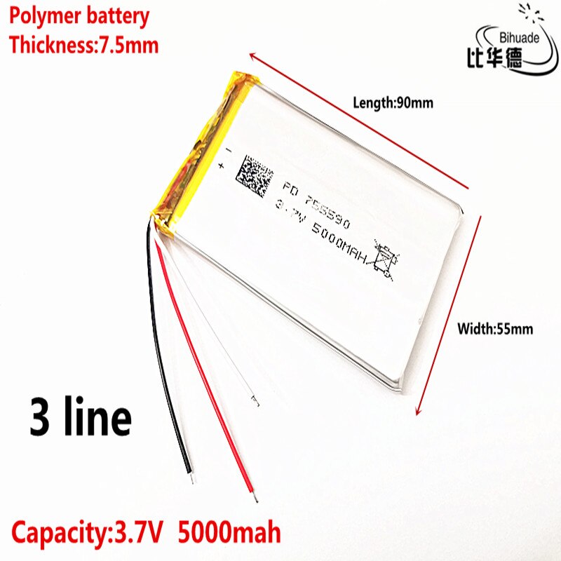 3 line Liter energy battery Good Qulity 3.7V,5000mAH 755590 Polymer lithium ion / Li-ion battery for tablet pc BANK,GPS,mp3,mp4