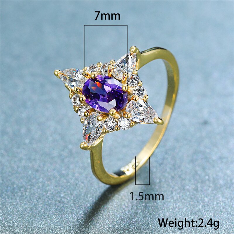 Female Crystal Purple Oval Ring Cute Yellow Gold Thin Wedding Rings For Women Bridal Geometric Engagement Ring