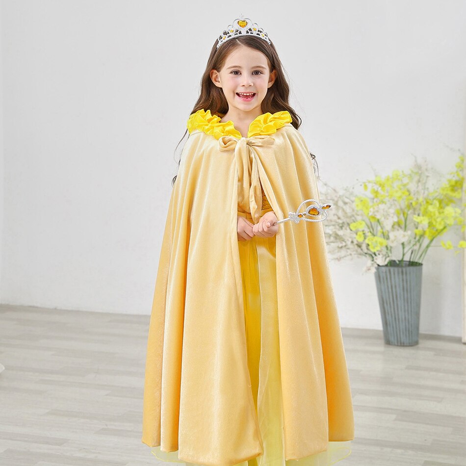 Girls Princess Long Cloak Elsa Belle Party Hooded Cloak Cinderella Aurora Ariel Sofia Rapunzel Christmas Cosplay Gown Costumes
