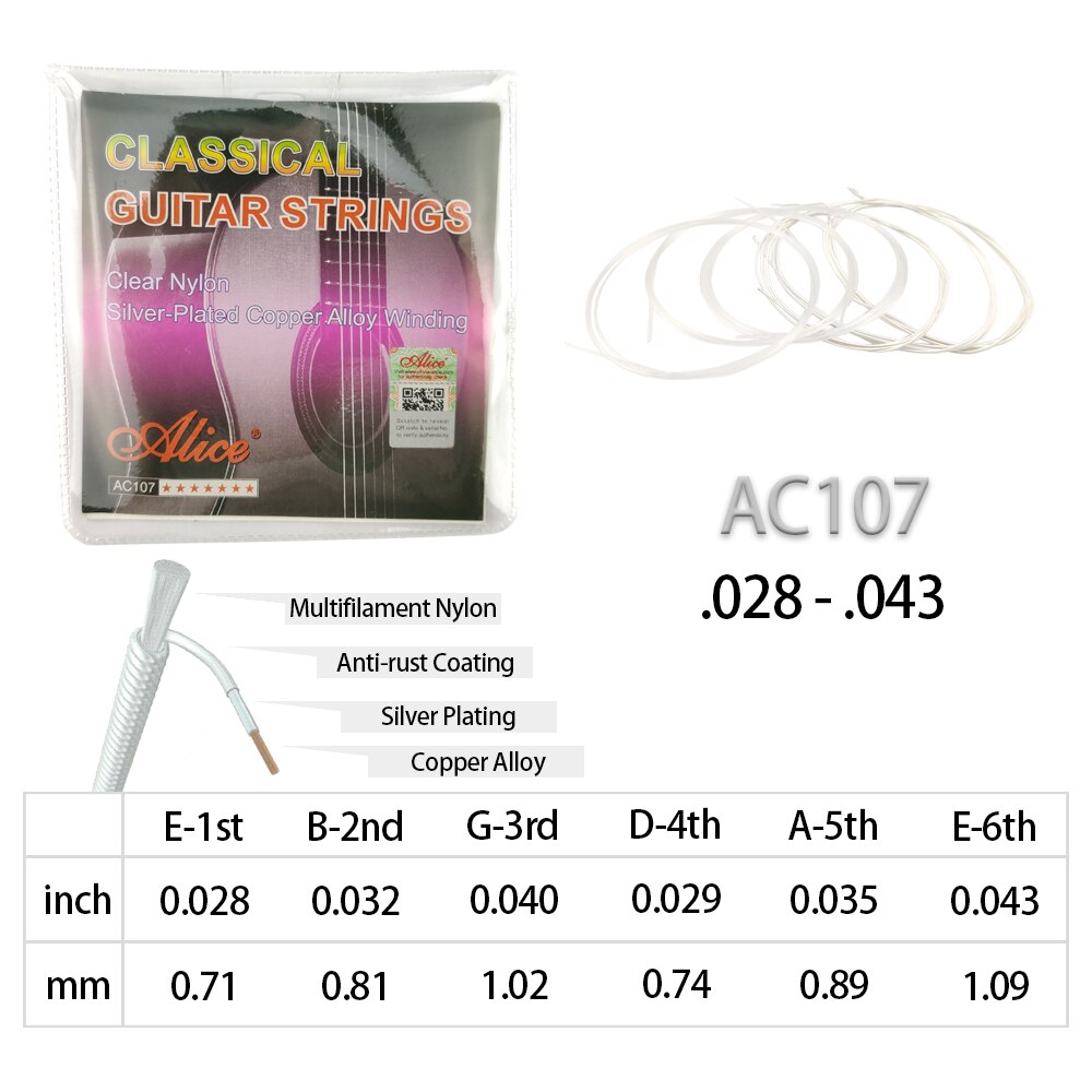 Alice Corde Della Chitarra Classica Principianti Chiaro/Nero nylon Parti di Chitarra e Accessori AC107 AC105BK AC107BK: AC107(chiaro Nylon)