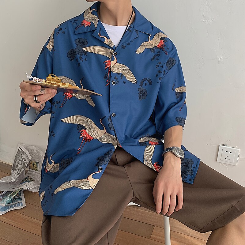 Sommer løs kortærmet skjorte herretøj ulzzang koreansk stil tøj krantryk hawaiiansk hiphop oversized skjorte til mænd: Blå / L