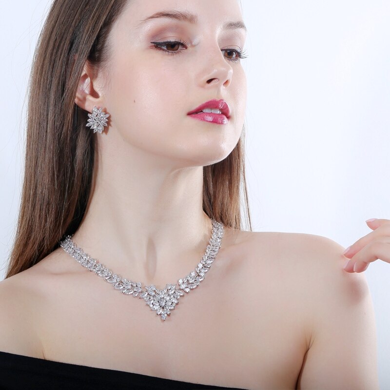 Threegraces Nigeriaanse Vrouwen Leaf Vorm Kubieke Zirkonia Steen Grote Bruids Ketting Oorbellen Sieraden Set Voor Trouwjurk JS047