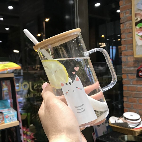 Glas sød stor kapacitet glas varmebestandig drikkekop kontor kvindelig tegneserie krus med låg ske: 8