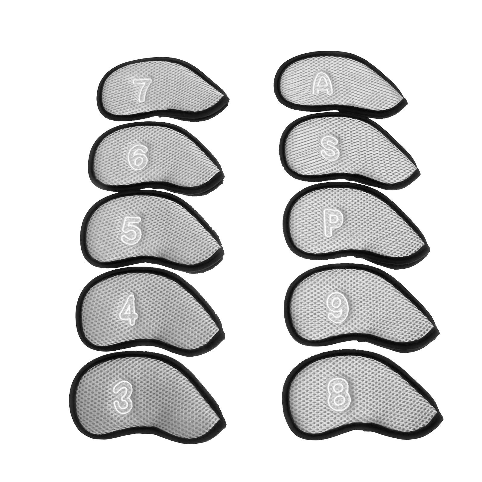 10 stk golfklubhoveddæksler af neoprennet mesh beskyttelsessæt med nummer  (3,4,5,6,7,8,9, a, s, p) passer til de fleste standardklubber