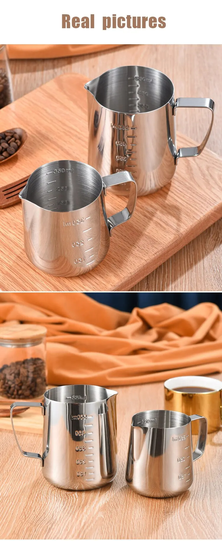 Mjölkskumningskanna i rostfritt stål, silverfärgad skummare, kaffe, lattebehållare, metallkanna, baristakopp