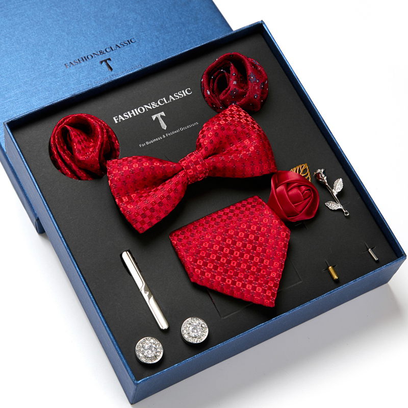 Caja de de , corbata a cuadros roja, bolsillo, cuadrados, gemelos, broche, conjunto con rizador, accesorios para traje de oficina para hombre, de boda y cumpleaños