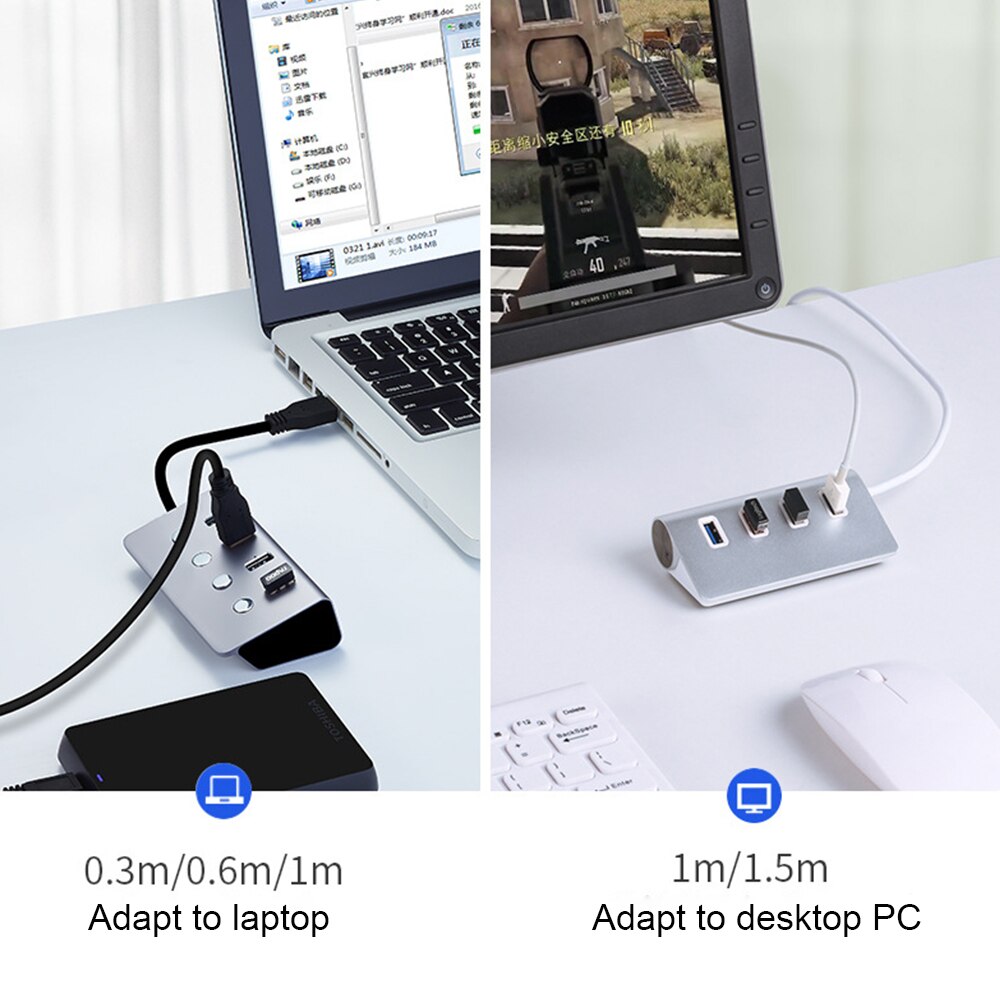 Usb-hub 4 -poorts usb 3.0- hub supersnelle usb-splitter met onafhankelijke schakelaar, werkend licht voor laptop, desktop-pc hub usb-adapter