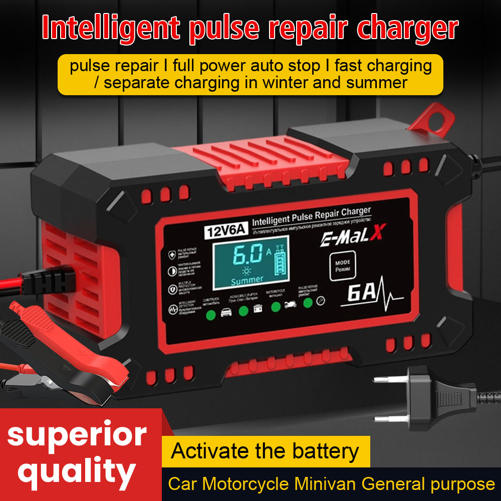 Carregador de bateria de carro 12v 6a, display lcd digital, proteção contra sobretensão, detecção de temperatura, reparo de pulso inteligente